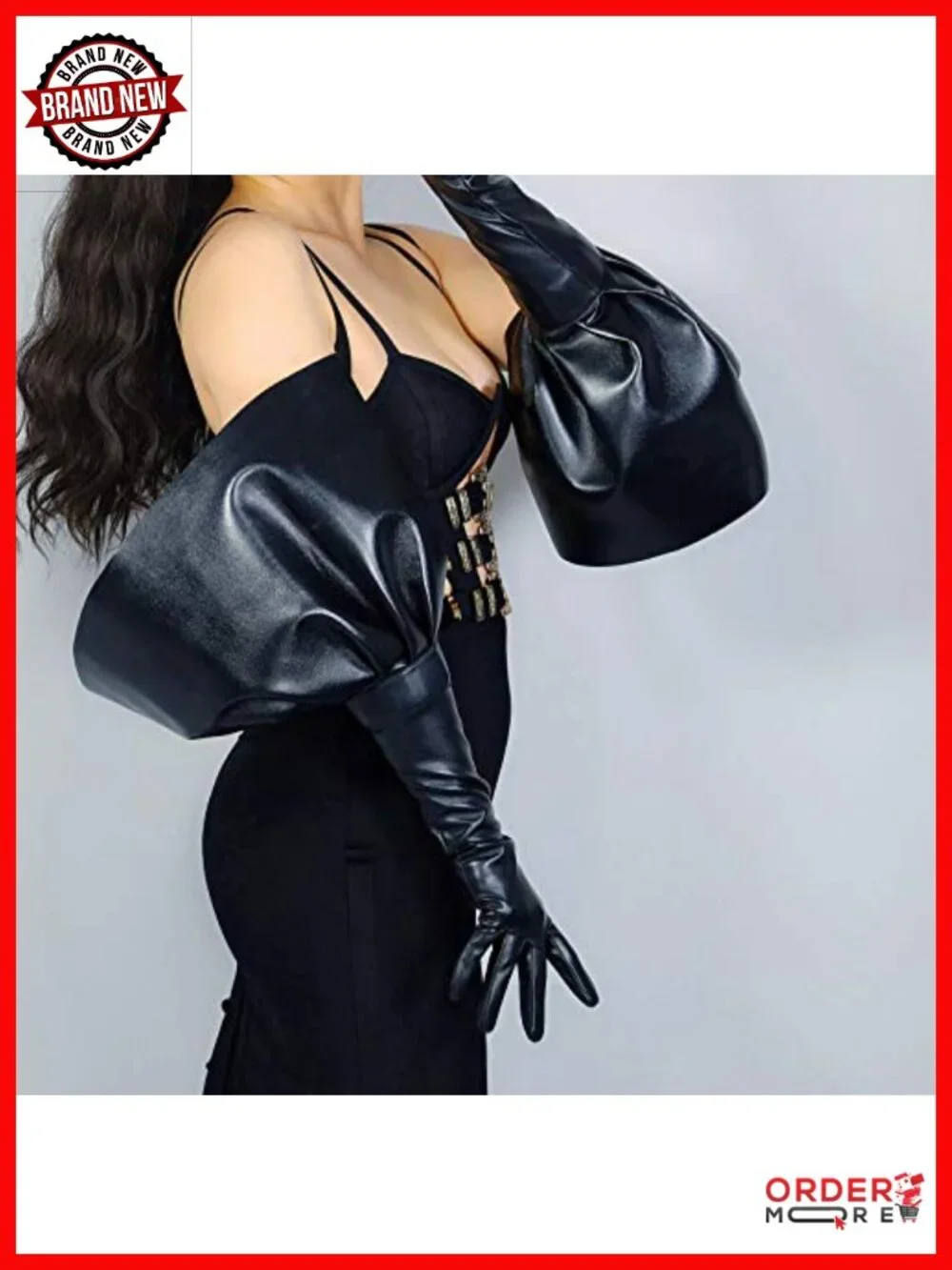 Extra Long Faux Leather Angel Wings Gloves with Ruffle Cuffs